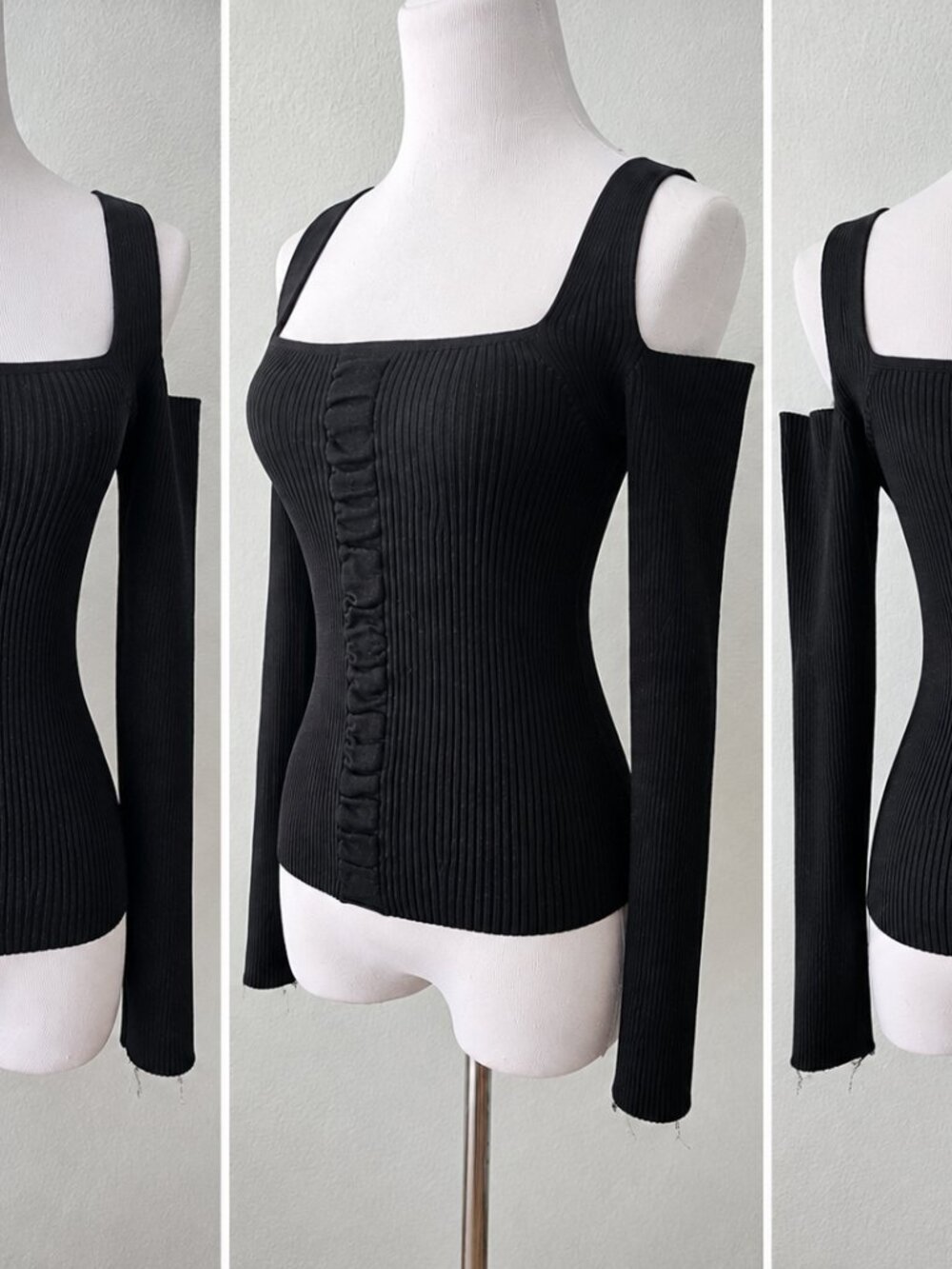 Black Ribbed Cold Shoulder Ruched Long Sleeve Top - Picture 4 of 4